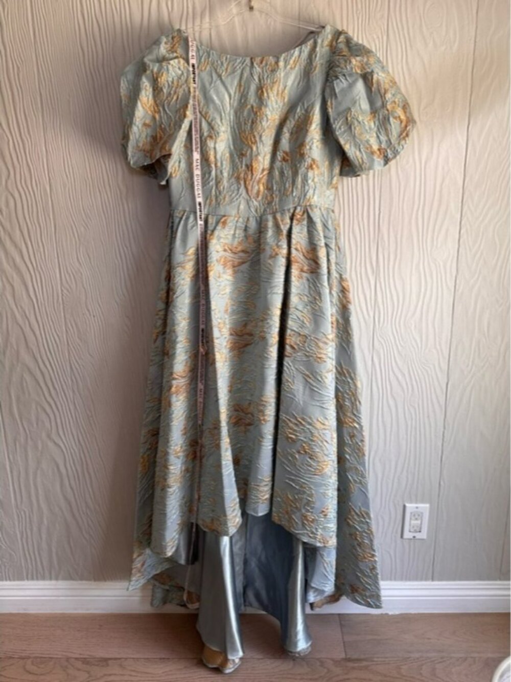 Mac Duggal Light Blue and Gold Puff-Sleeve High-Low Jacquard Gown #11608 Sz: 10 - Picture 3 of 12